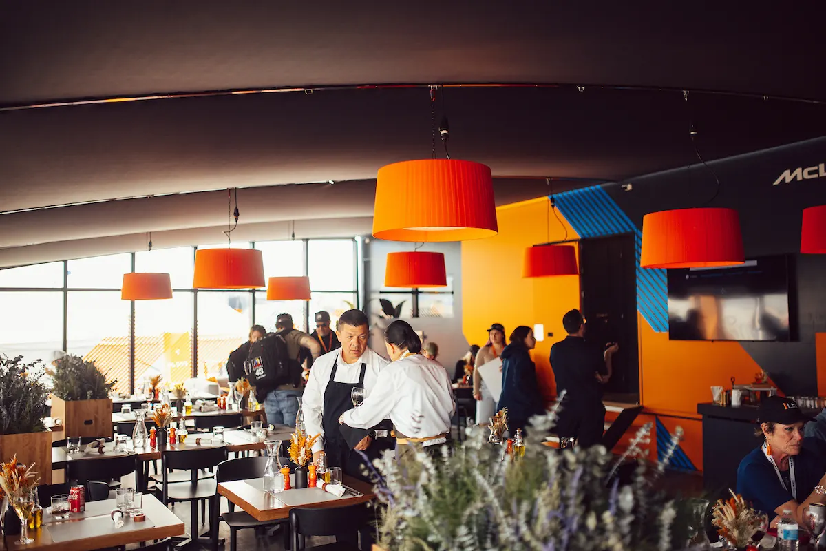 Guests dining inside the McLaren Race Center