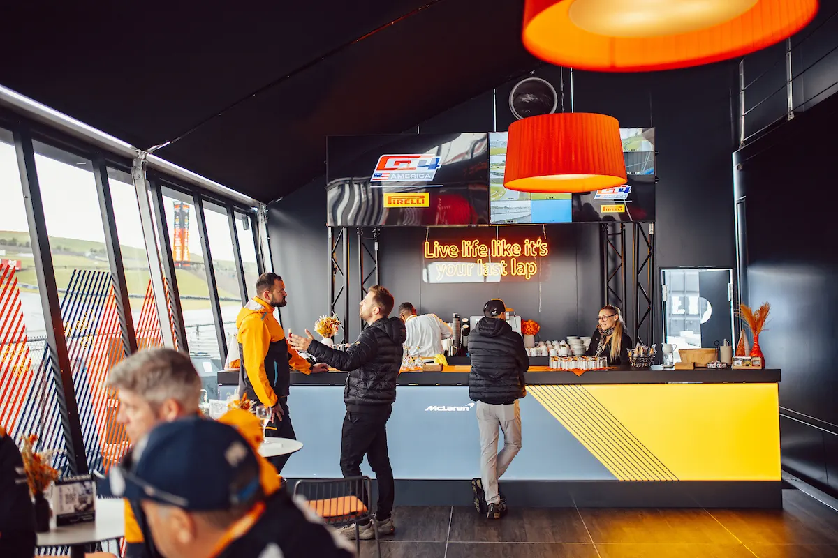 The bar inside the McLaren Race Center hospitality suite